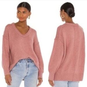Free people chunky knit V-neck sweater rose pink textured pullover women’s Small